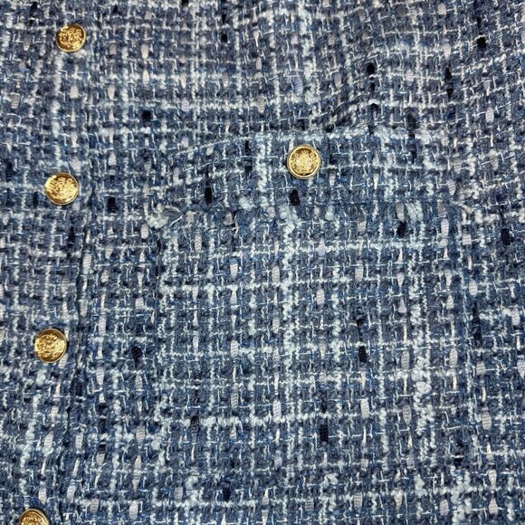 LOFT Womens Tweed Mini Pocket Dress 12 Blue Gold Buttons Fringe Old Money 60s - Picture 14 of 16